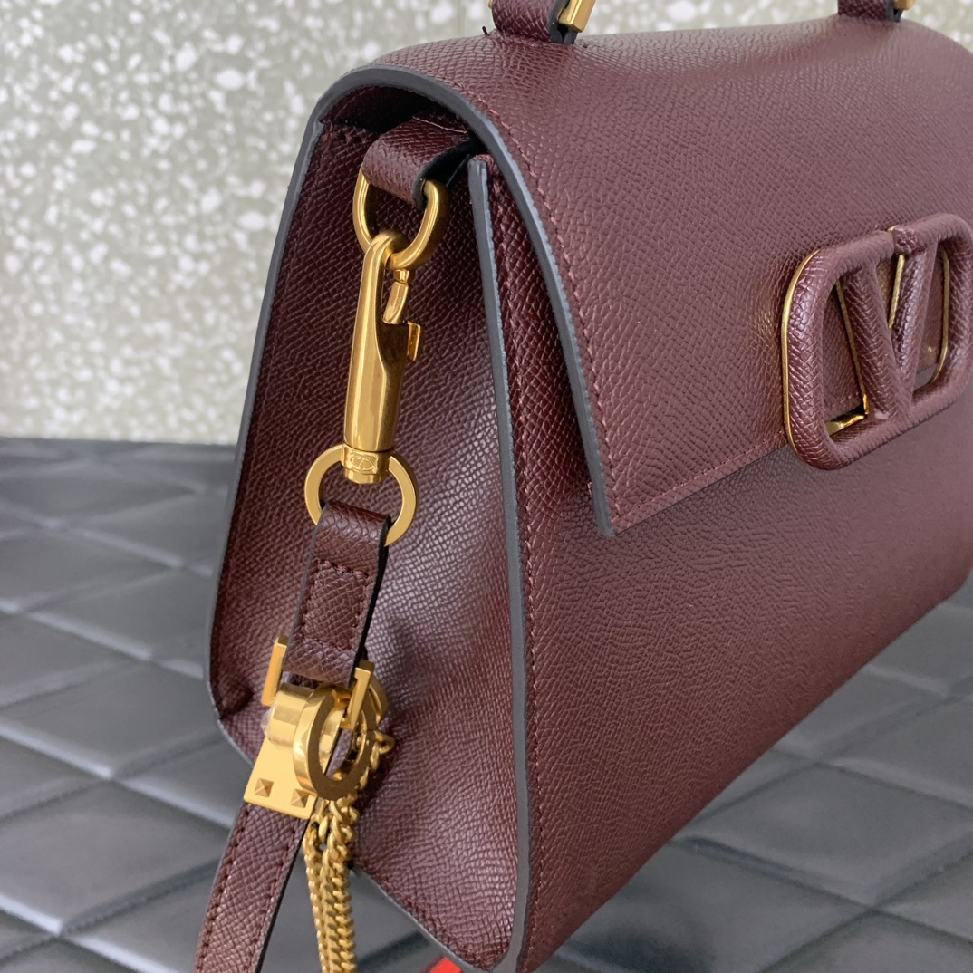 Valentino Garavani Vsling Small Handbag in Burgundy Grainy Calfskin 